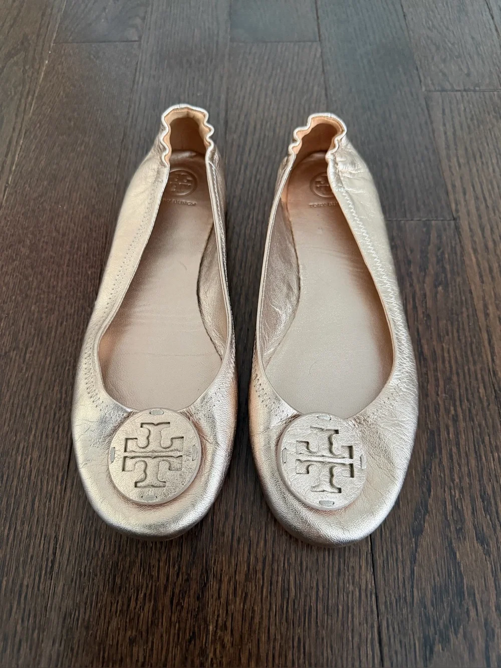Tory Burch Rose Gold Minnie Ballet Leather Logo Shoes Flats Size 9.5M